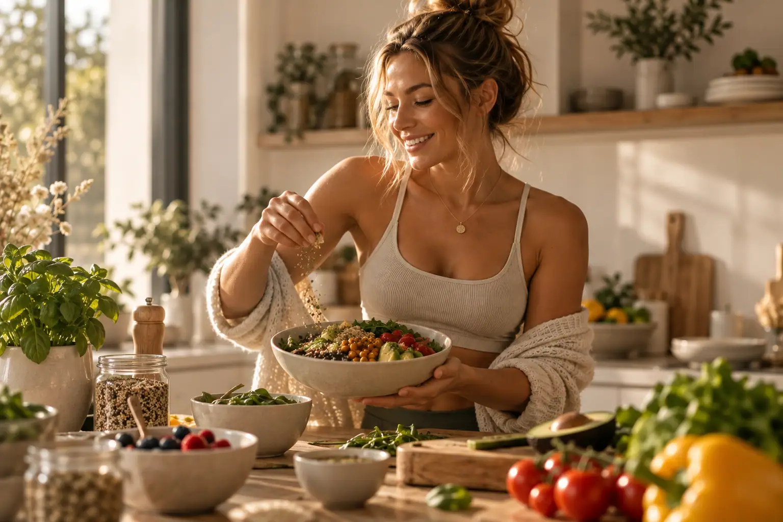 Frau bereitet eine bunte Bowl in der Küche zu
