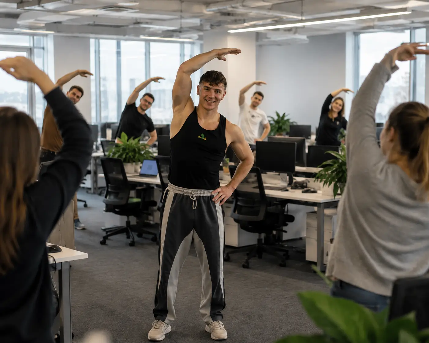 Maximilian Herbst trainiert ein Büro-Team vor Ort — Mobility- und Haltungs-Übung im echten Arbeitsumfeld