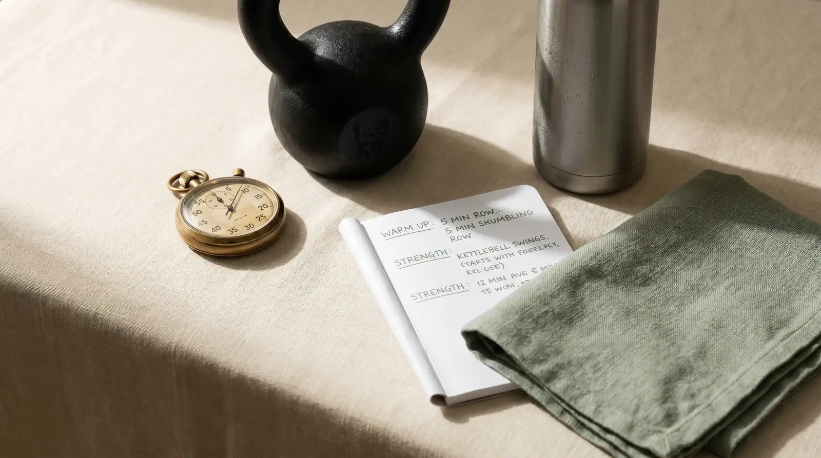 Brass-Stoppuhr neben Kettlebell und Trainingsnotizen auf Cream-Linen