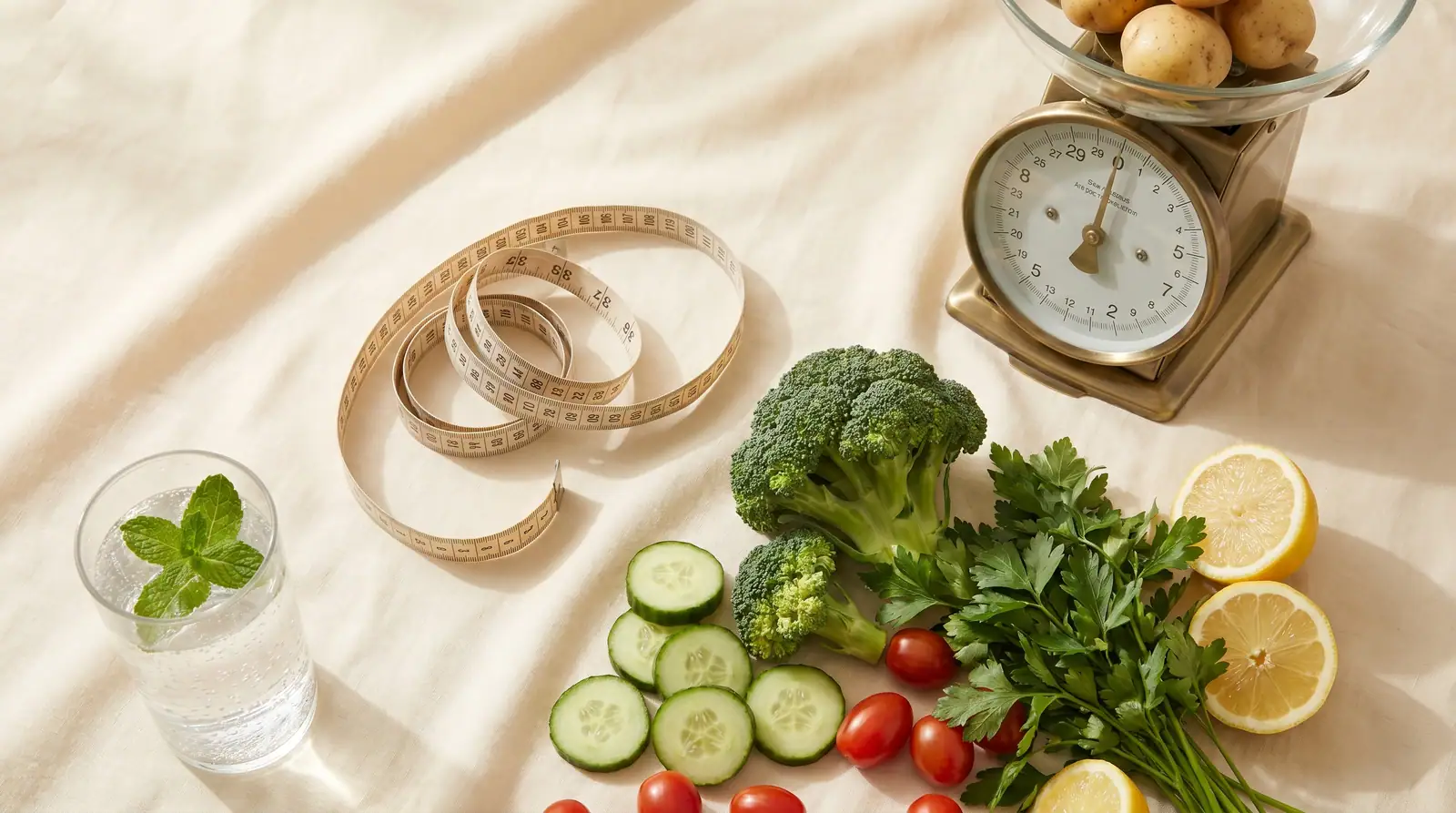 Editorial Flat-Lay mit Maßband, frischem Gemüse, brass-Küchenwaage