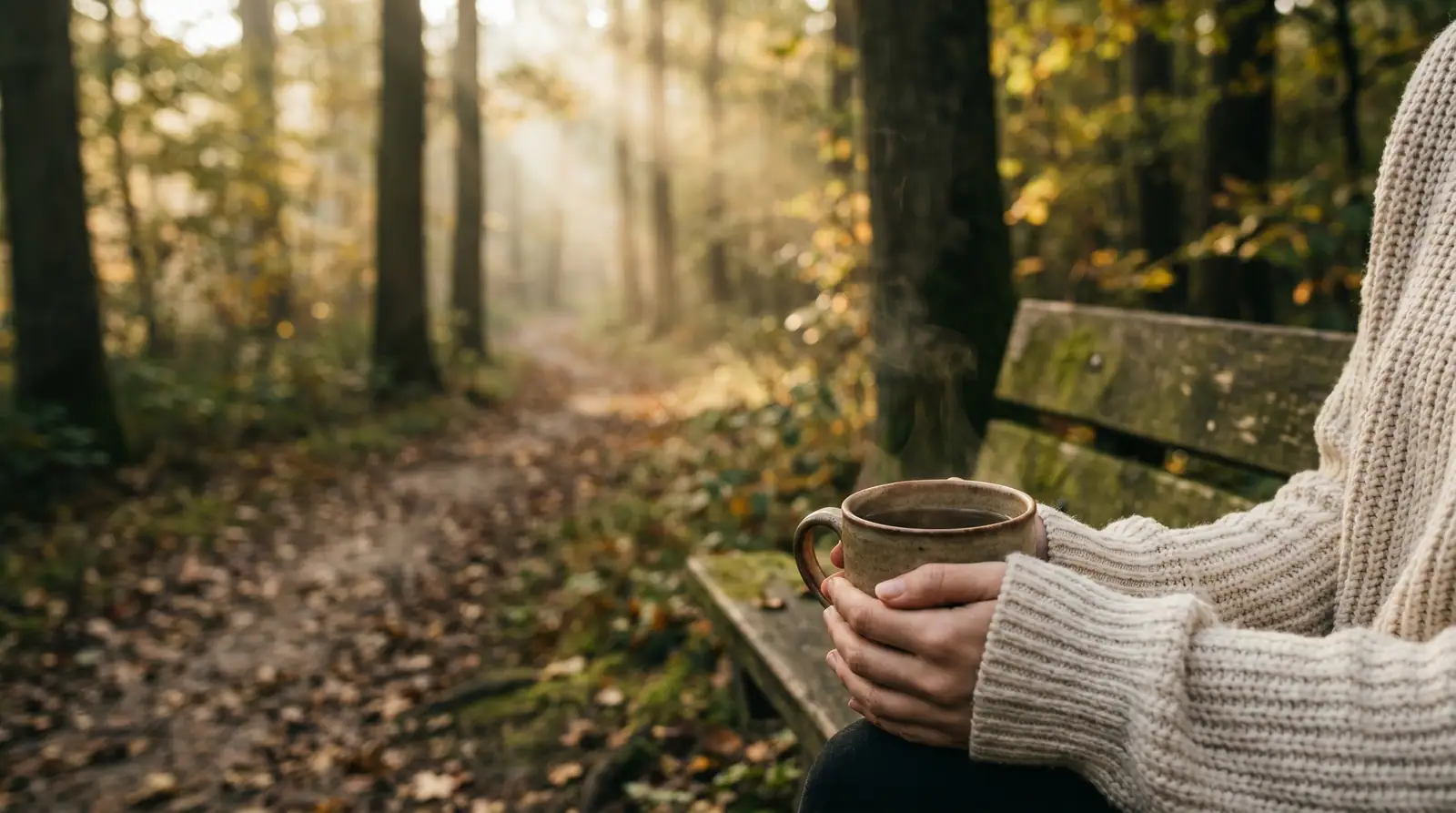 Hände mit Tee-Mug auf Waldbank im goldenen Morgenlicht — Symbol für Stressreduktion