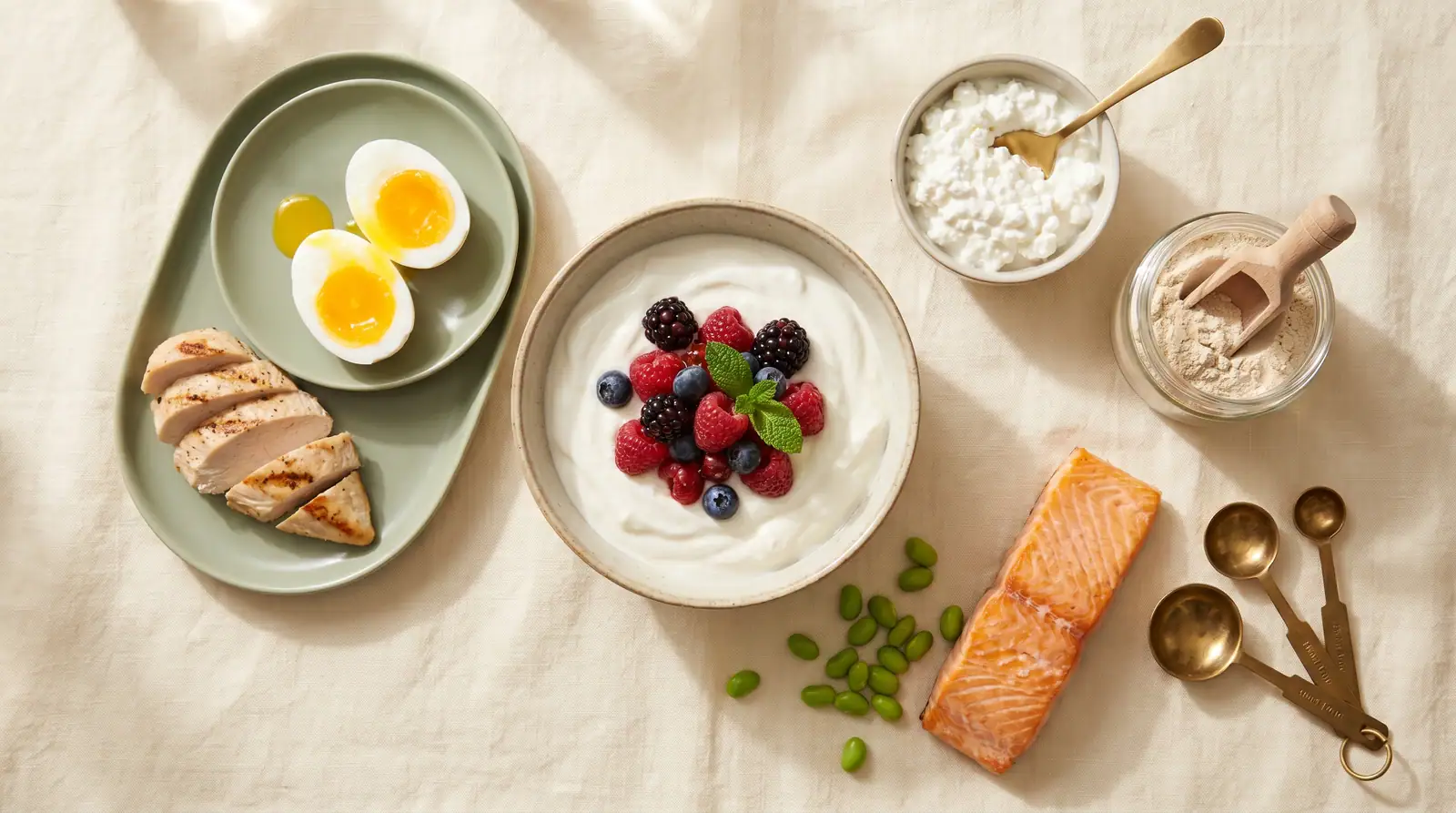 Editorial Flat-Lay mit eiweißreichen Lebensmitteln — Quark, Eier, Lachs, Hähnchen, Edamame