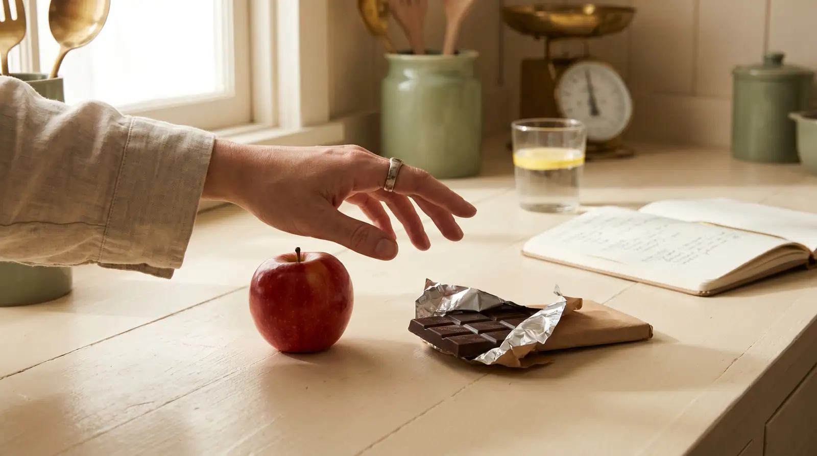 Hand greift zwischen Apfel und Schokolade — Moment vor der Entscheidung
