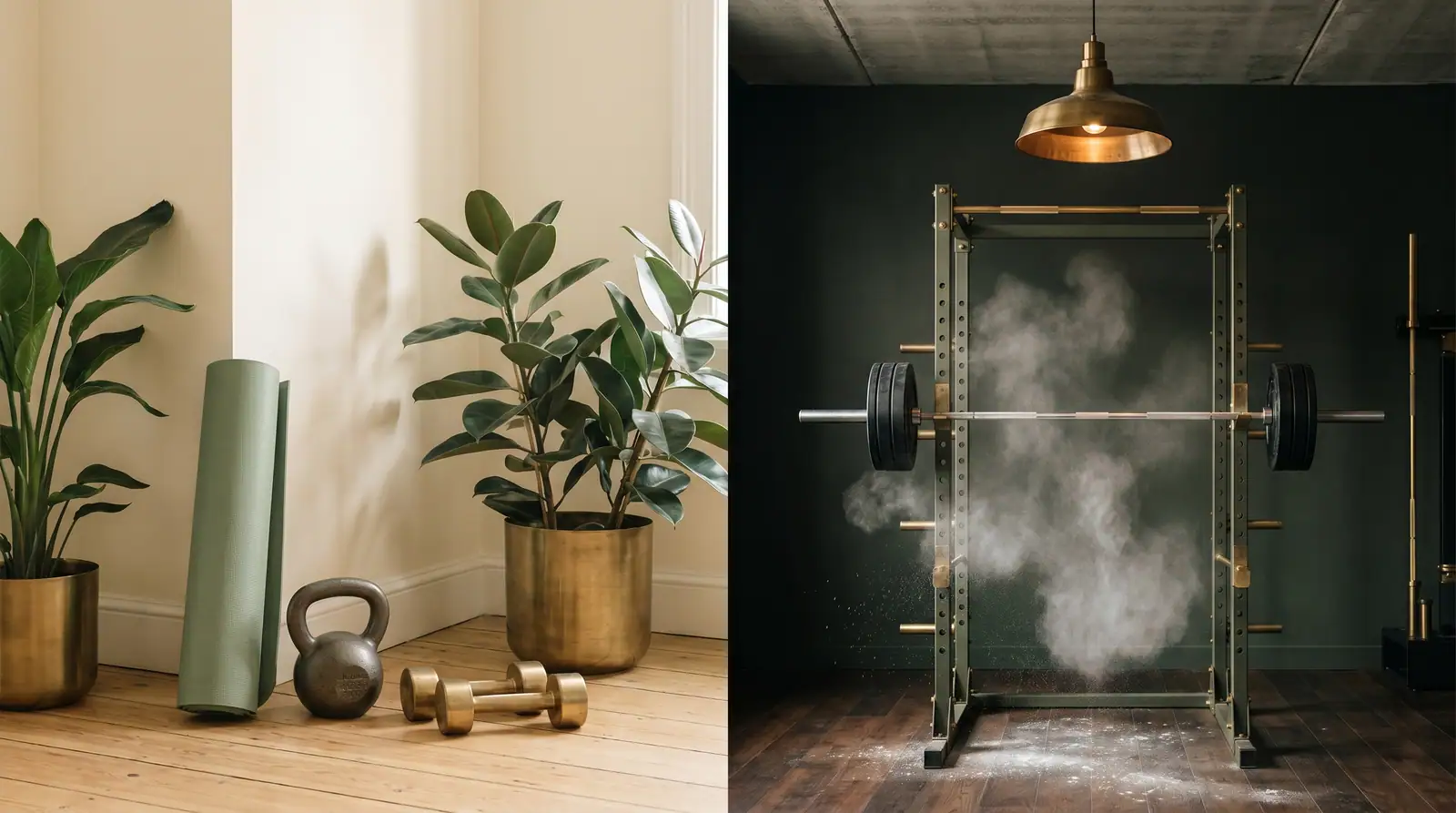 Split-Aesthetic Home-Gym links, Studio-Setup rechts in editorialer Cream/Sage-Palette