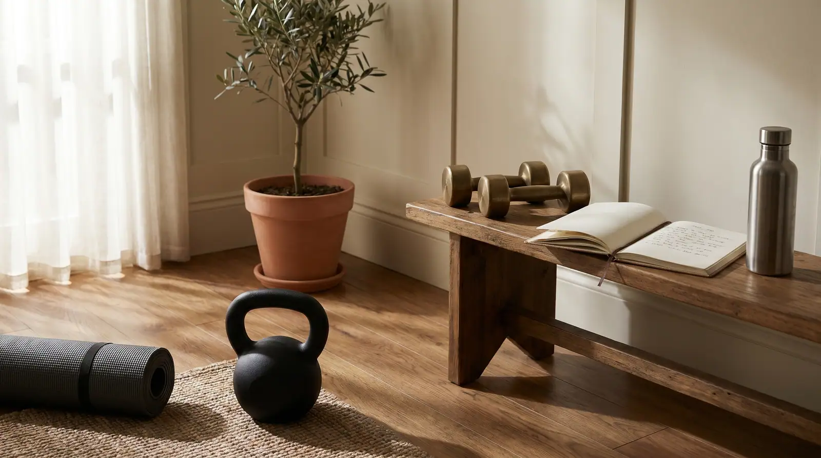 Minimalistische Home-Gym-Ecke mit Kettlebell, Yoga-Matte, Hanteln und Trainingsplan