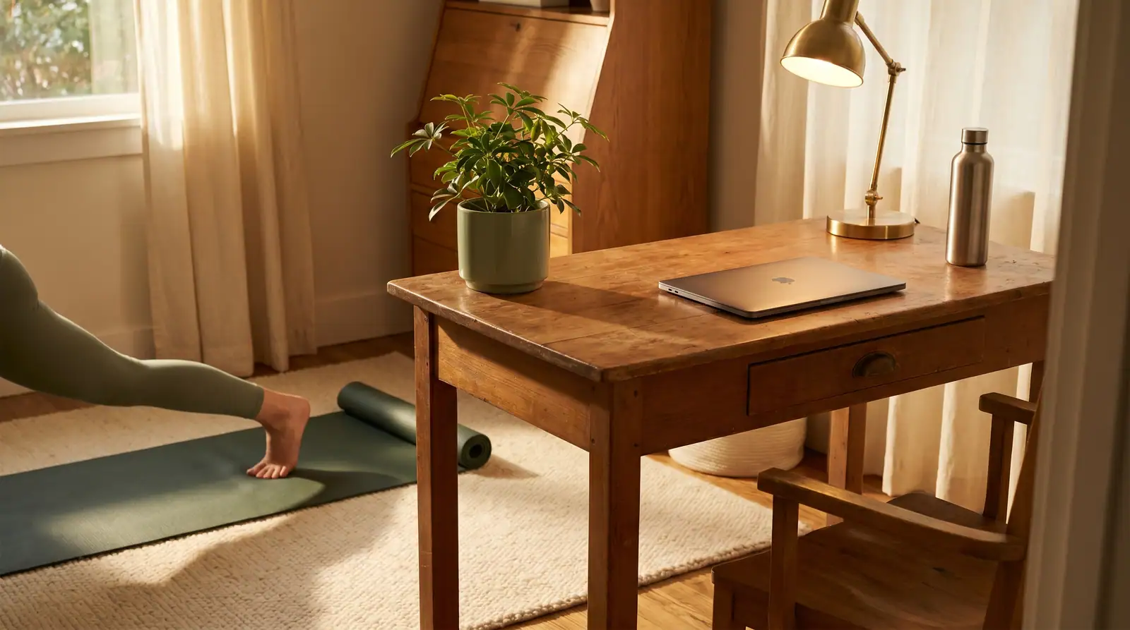 Home-Office mit Yoga-Matte neben Schreibtisch — Symbol für aktive Pausen