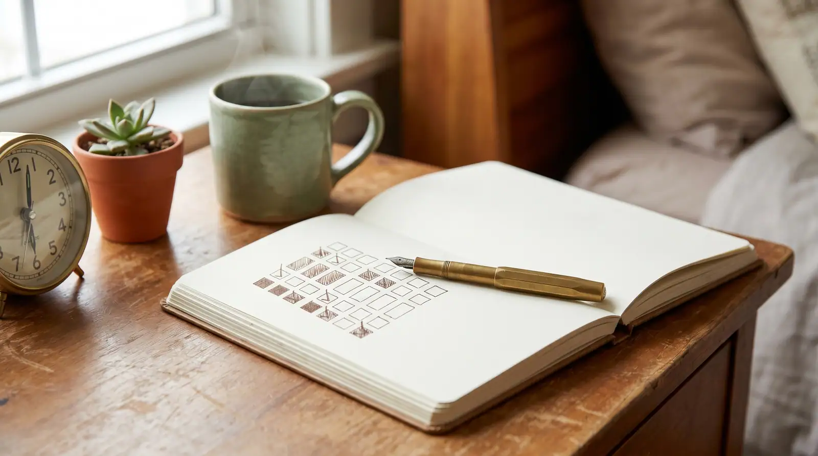 Habit-Tracker-Notizbuch mit Fountain Pen, Kaffee, brass-Uhr — Symbol für intentionalen Tagesstart