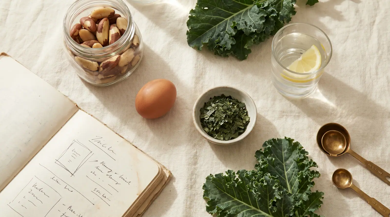 Editorial Flat-Lay mit Paranüssen, Ei, Kelp, Grünkohl — Schilddrüsen-relevante Lebensmittel