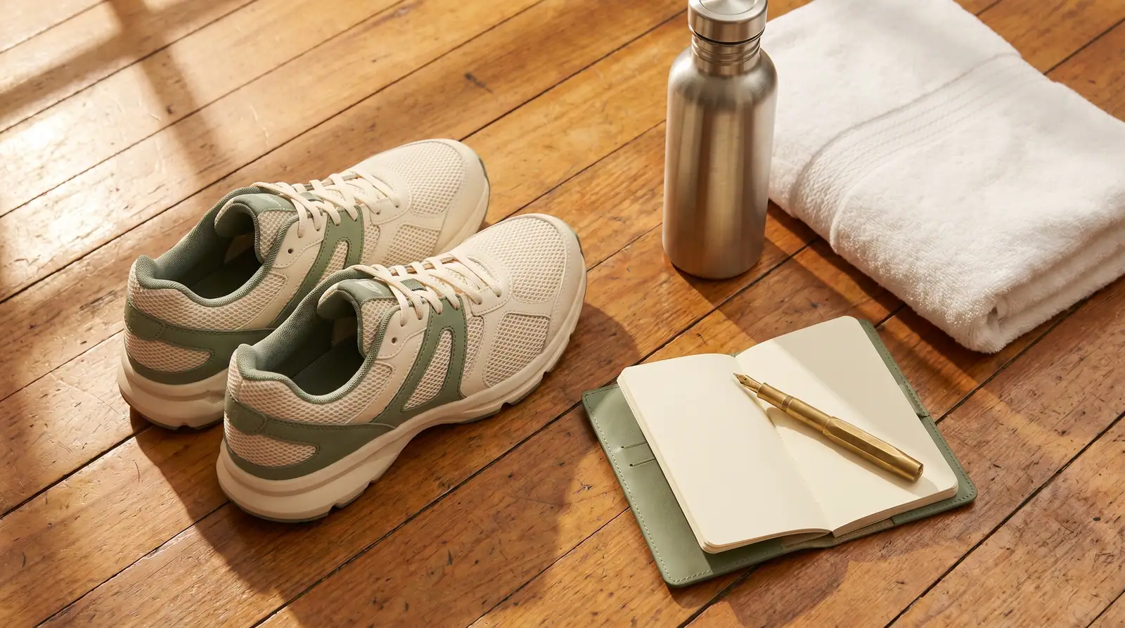 Cream-Laufschuhe neben Notizbuch und Wasserflasche — Symbol für vorbereitete Routine