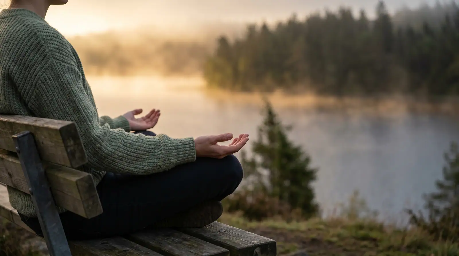 Person in entspannter Sitzhaltung am See im Morgennebel — Symbol für Stressregulation